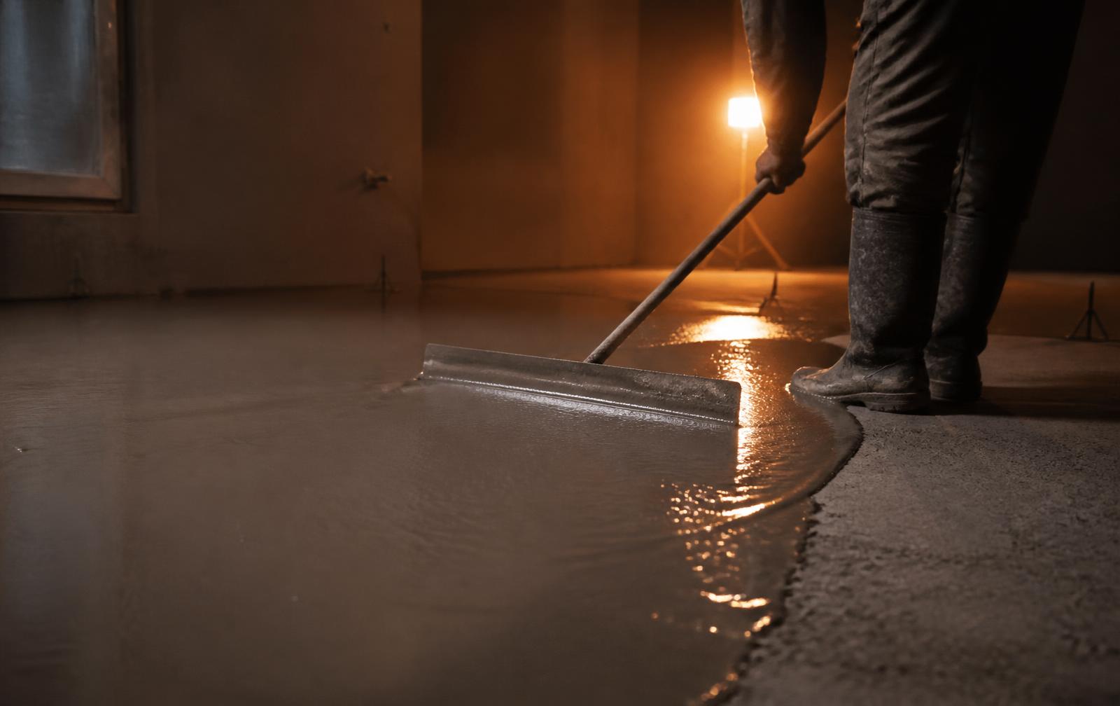 Egaline wordt met een vloerspaan strak over een betonnen ondervloer verdeeld